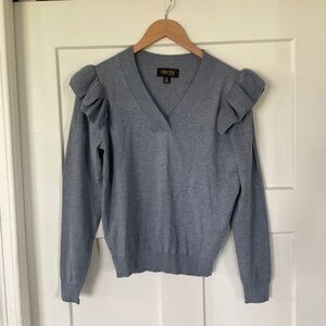 Truth by Republic Pull Over Sweater Women BlueGray Ruffle Shoulder V Neck Medium